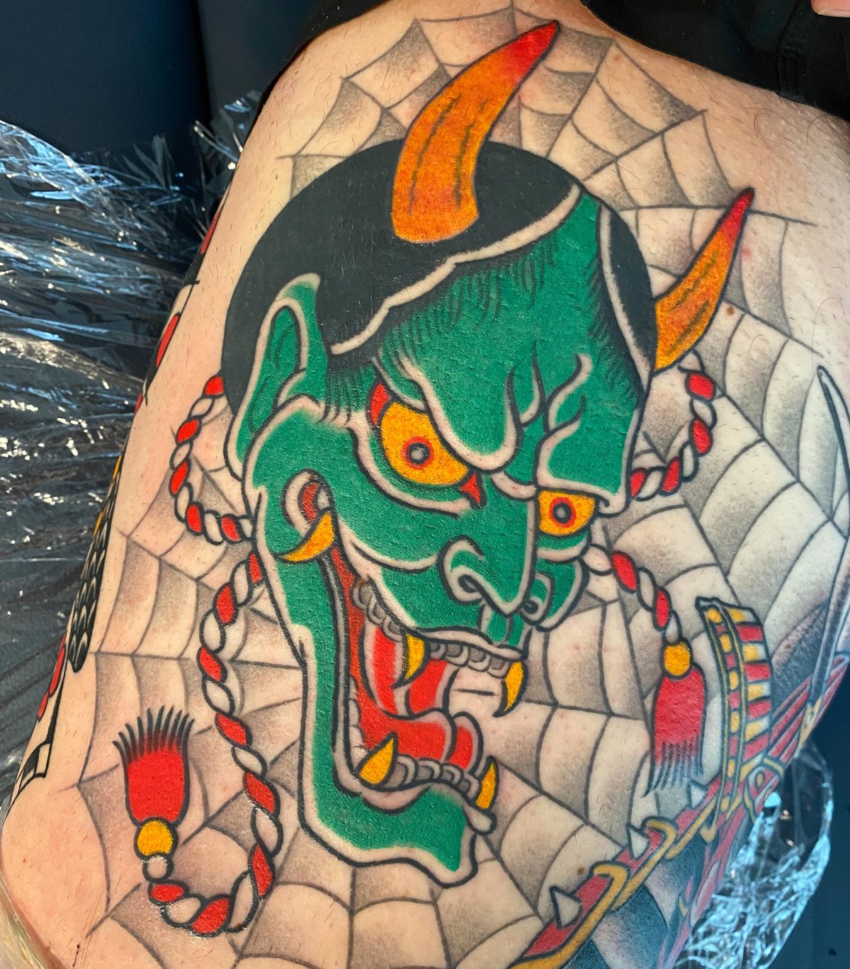 Vivid color Hannya mask tattoo completed in Las Vegas