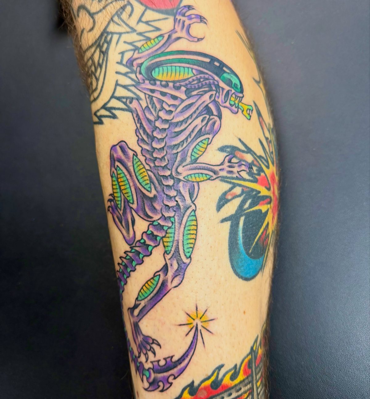 Color skeleton tattoo with a bold flash-inspired silhouette