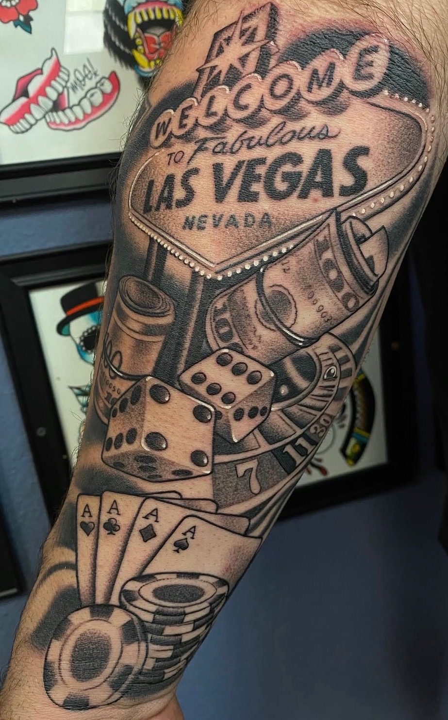 Custom black and gray Las Vegas casino sleeve with dice, cards and roulette