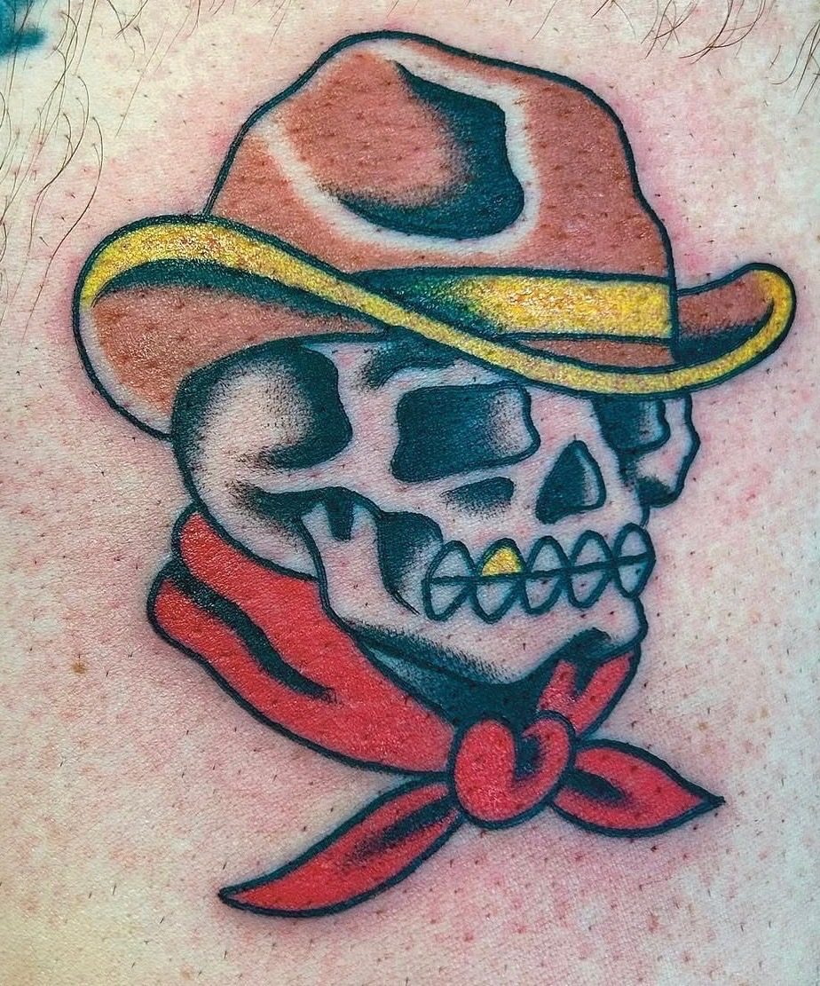 Bold traditional cowboy skull tattoo made by a Last Chance Tattoo artist in Las Vegas